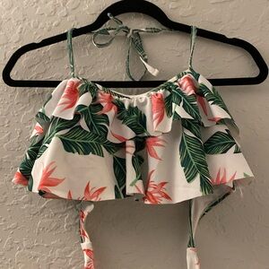 Tropical Leaf Print Tiered Ruffles Swimsuit Top Only